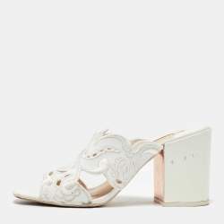 Sophia Webster White Leather Embroidery Laser Cut Block Heel Mules Size 41