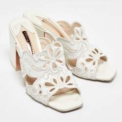 Sophia Webster White Leather Embroidery Laser Cut Block Heel Mules Size 41