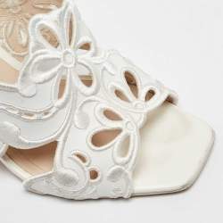 Sophia Webster White Leather Embroidery Laser Cut Block Heel Mules Size 41