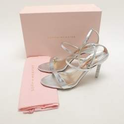 Sophia Webster Silver Leather Rosalind Crystal Heel Ankle Strap Open Toe Sandals Size 40