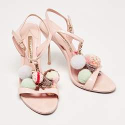 Sophia Webster Pink Patent Leather Layla Pom Pom Embellished T Strap Sandals Size 38