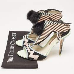 Sophia Webster Multicolor Patent Leather Fur Pom Pom Ankle Tie Up Sandals Size 41