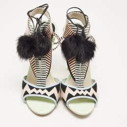 Sophia Webster Multicolor Patent Leather Fur Pom Pom Ankle Tie Up Sandals Size 41