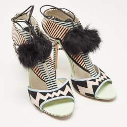 Sophia Webster Multicolor Patent Leather Fur Pom Pom Ankle Tie Up Sandals Size 41