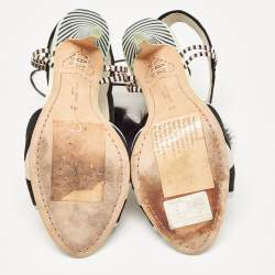 Sophia Webster Multicolor Patent Leather Fur Pom Pom Ankle Tie Up Sandals Size 41