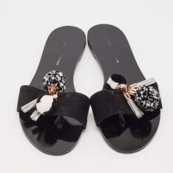 Sophia Webster Black Suede Jada Pom Pom Slide Flats Size 38