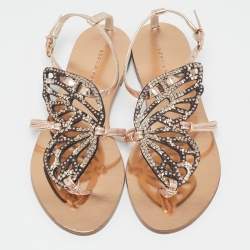 Sophia Webster Rose Gold/Black Leather Studded Butterfly Flat Sandals Size 36.5