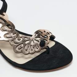 Sophia Webster Metallic/Black Suede and Leather Seraphina Flat Sandals Size 39.5