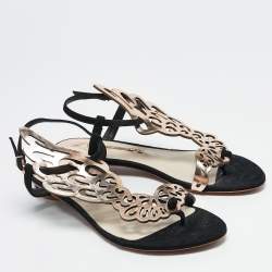 Sophia Webster Metallic/Black Suede and Leather Seraphina Flat Sandals Size 39.5