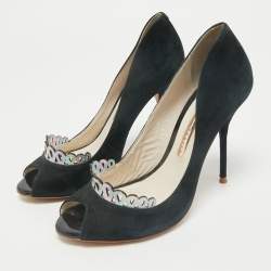 Pre Owned Sophia Webster Black Suede Scalloped Peep Toe Pumps Size 38