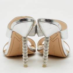 Sophia Webster Silver Foil Leather Crystal Embellished Heel Slide Sandals Size 40