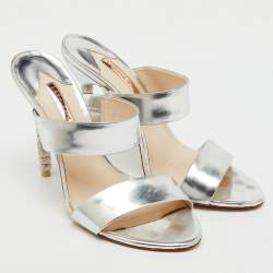 Sophia Webster Silver Foil Leather Crystal Embellished Heel Slide Sandals Size 40