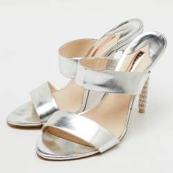 Sophia Webster Silver Foil Leather Crystal Embellished Heel Slide Sandals Size 40