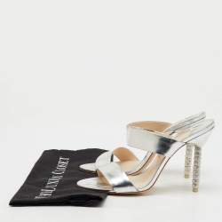Sophia Webster Silver Foil Leather Crystal Embellished Heel Slide Sandals Size 40