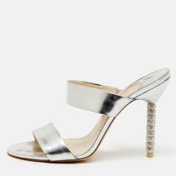 Sophia Webster Silver Foil Leather Crystal Embellished Heel Slide Sandals Size 40