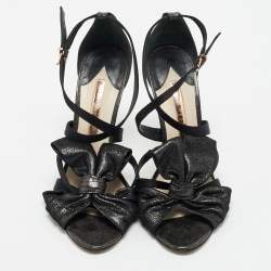 Sophia Webster Black Metallic Leather an Fabric Bonnie Ankle Strap Sandals Size 39