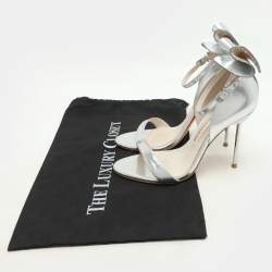 Pre Owned Sophia Webster Metallic Silver Leather Maya Crystal Embellished Bow Ankle Strap Sandals Size 37