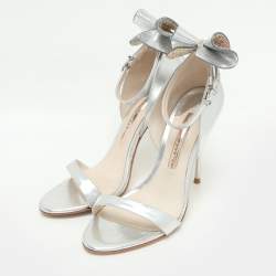 Pre Owned Sophia Webster Metallic Silver Leather Maya Crystal Embellished Bow Ankle Strap Sandals Size 37