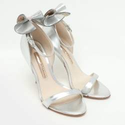 Pre Owned Sophia Webster Metallic Silver Leather Maya Crystal Embellished Bow Ankle Strap Sandals Size 37