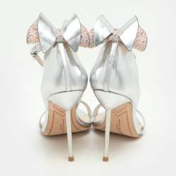 Pre Owned Sophia Webster Metallic Silver Leather Maya Crystal Embellished Bow Ankle Strap Sandals Size 37
