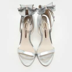 Pre Owned Sophia Webster Metallic Silver Leather Maya Crystal Embellished Bow Ankle Strap Sandals Size 37