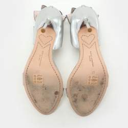 Pre Owned Sophia Webster Metallic Silver Leather Maya Crystal Embellished Bow Ankle Strap Sandals Size 37