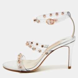 Pre Owned Sophia Webster Sliver Leather And PVC Crystal Embellished Ankle Strap Sandals Size 37