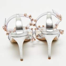 Pre Owned Sophia Webster Sliver Leather And PVC Crystal Embellished Ankle Strap Sandals Size 37