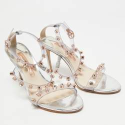 Pre Owned Sophia Webster Sliver Leather And PVC Crystal Embellished Ankle Strap Sandals Size 37