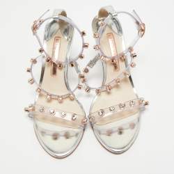 Pre Owned Sophia Webster Sliver Leather And PVC Crystal Embellished Ankle Strap Sandals Size 37