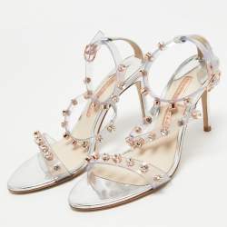 Pre Owned Sophia Webster Sliver Leather And PVC Crystal Embellished Ankle Strap Sandals Size 37
