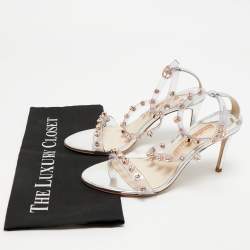 Pre Owned Sophia Webster Sliver Leather And PVC Crystal Embellished Ankle Strap Sandals Size 37