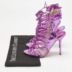 Pre Owned Sophia Webster Metallic Purple Leather Lacey Tie Up Sandals Size 35.5