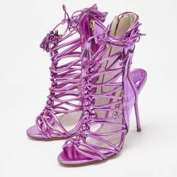Pre Owned Sophia Webster Metallic Purple Leather Lacey Tie Up Sandals Size 35.5