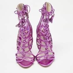 Pre Owned Sophia Webster Metallic Purple Leather Lacey Tie Up Sandals Size 35.5