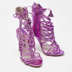 Pre Owned Sophia Webster Metallic Purple Leather Lacey Tie Up Sandals Size 35.5