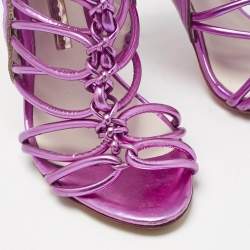 Pre Owned Sophia Webster Metallic Purple Leather Lacey Tie Up Sandals Size 35.5