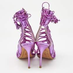 Pre Owned Sophia Webster Metallic Purple Leather Lacey Tie Up Sandals Size 35.5