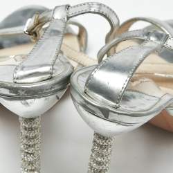 Pre Owned Sophia Webster Rose Silver Leather Rosalind Crystal Heel Ankle Strap Sandals Size 38.5