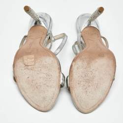 Pre Owned Sophia Webster Rose Silver Leather Rosalind Crystal Heel Ankle Strap Sandals Size 38.5