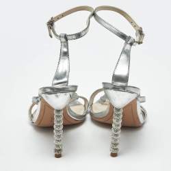 Pre Owned Sophia Webster Rose Silver Leather Rosalind Crystal Heel Ankle Strap Sandals Size 38.5