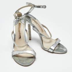 Pre Owned Sophia Webster Rose Silver Leather Rosalind Crystal Heel Ankle Strap Sandals Size 38.5