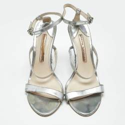 Pre Owned Sophia Webster Rose Silver Leather Rosalind Crystal Heel Ankle Strap Sandals Size 38.5