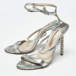 Pre Owned Sophia Webster Rose Silver Leather Rosalind Crystal Heel Ankle Strap Sandals Size 38.5
