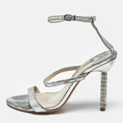 Pre Owned Sophia Webster Rose Silver Leather Rosalind Crystal Heel Ankle Strap Sandals Size 38.5