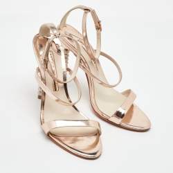Pre Owned Sophia Webster Metallic Rose Gold Leather Rosalind Crystal Heel Ankle Strap Sandals Size 38