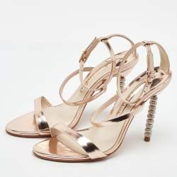 Pre Owned Sophia Webster Metallic Rose Gold Leather Rosalind Crystal Heel Ankle Strap Sandals Size 38