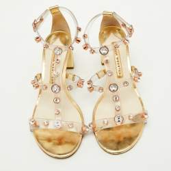Pre Owned Sophia Webster Transparent/Gold PVC and Leather Crystal Studded Ankle Strap Sandals Size 38