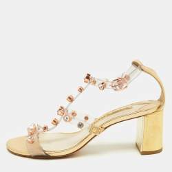 Pre Owned Sophia Webster Transparent/Gold PVC and Leather Crystal Studded Ankle Strap Sandals Size 38