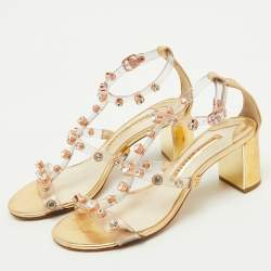 Pre Owned Sophia Webster Transparent/Gold PVC and Leather Crystal Studded Ankle Strap Sandals Size 38